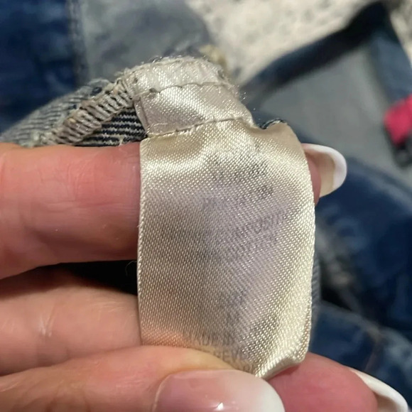 Lace trim Jean jacket Denim Lace collar Distressed Size M Retro Boho Bridal - Picture 11 of 12